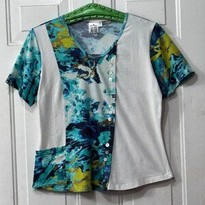 NEW Parsley & Sage Sz M Women's Tee Short Sleeve Abstract/Solid Multi/White